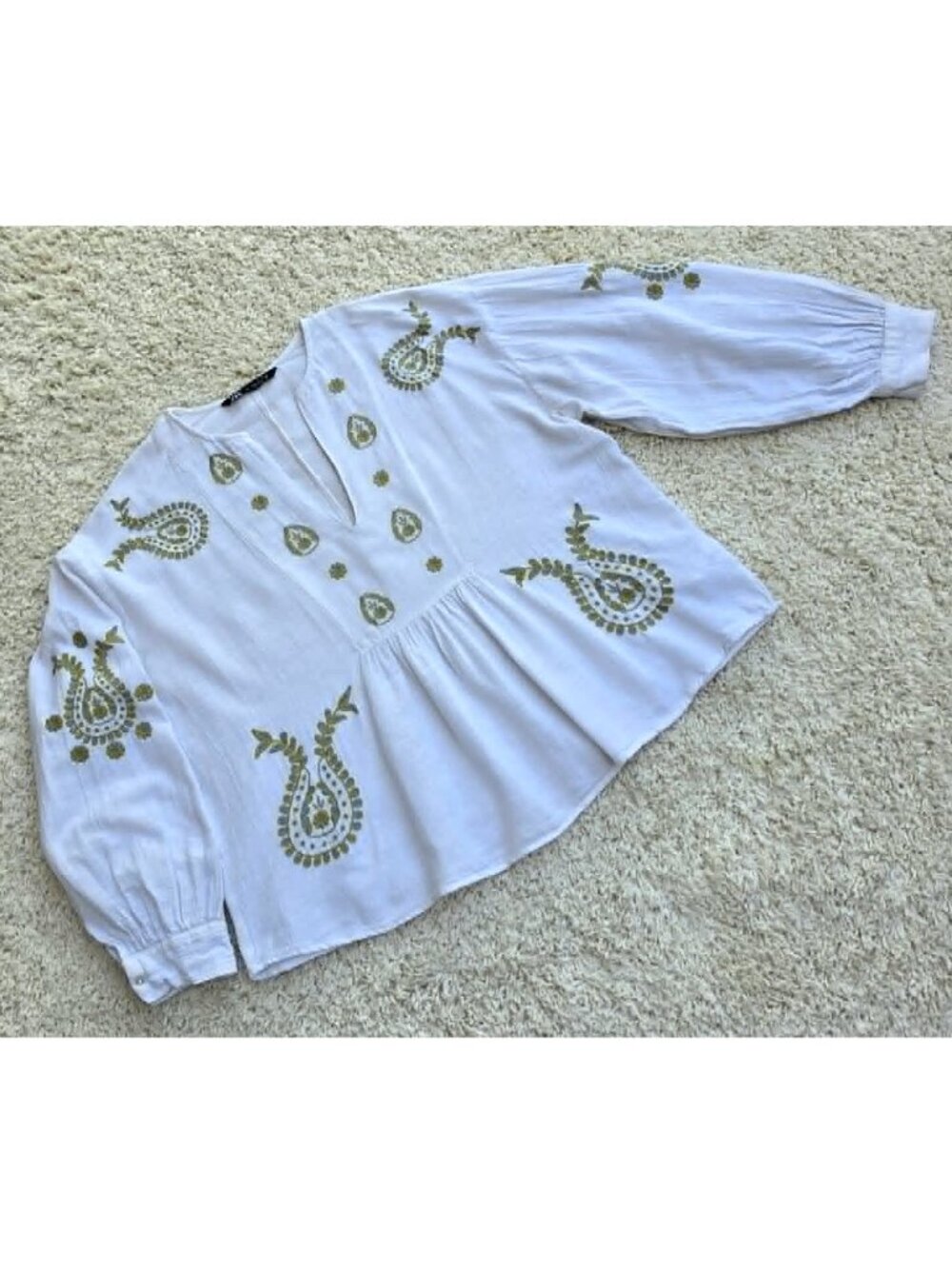 Zara Ivory Embroidered Boho Blouse Olive Green Peasant Top Flowy Sleeve Medium - Picture 7 of 12